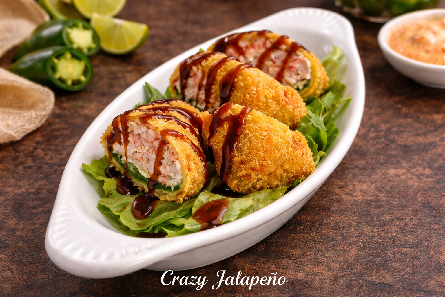 Stuffed jalapeños with bacon drizzled in sauce on a white platter, garnished with lettuce