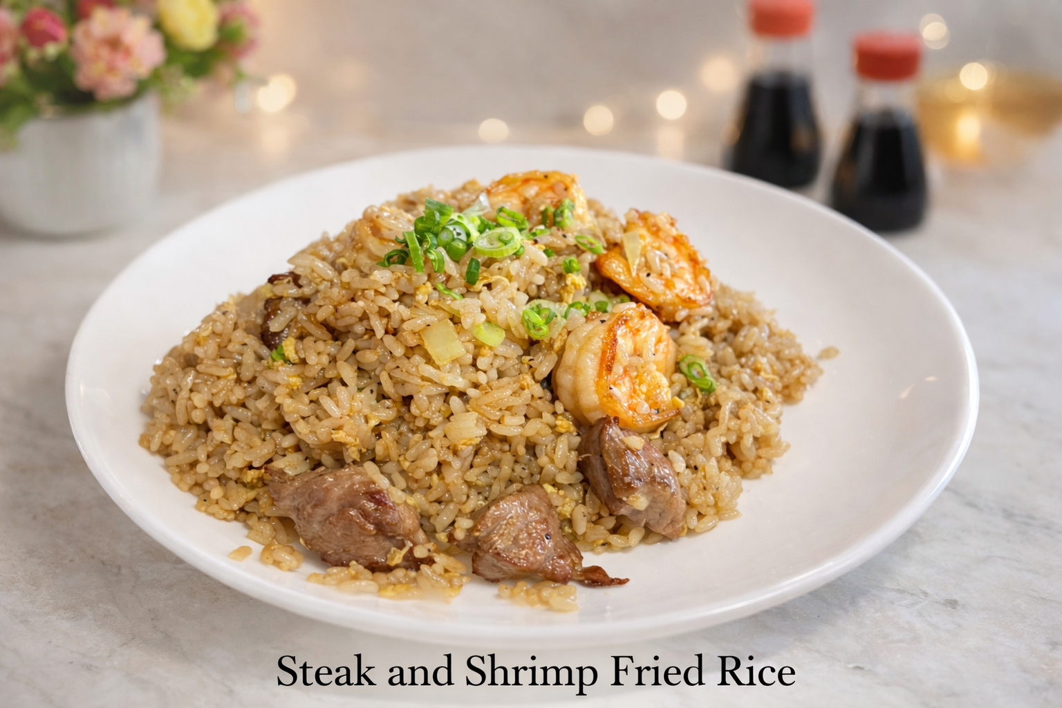 Plate of steak and shrimp fried rice topped with green onions on a white dish