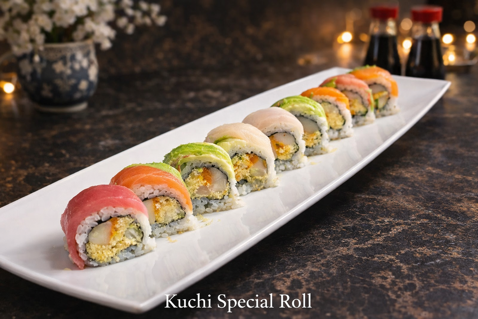 Rainbow sushi rolls on a white platter with soy sauce in the background