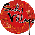Sushi Village logo in black script on a red circular background with orange floral accents