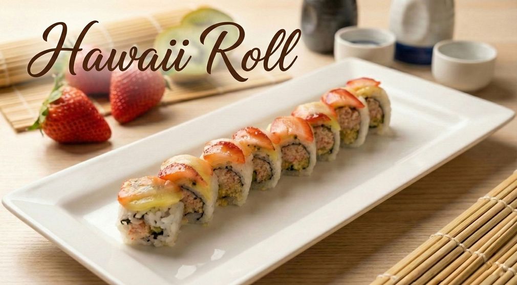 Hawaii roll sushi on a white plate with strawberries and tea cups on a bamboo mat