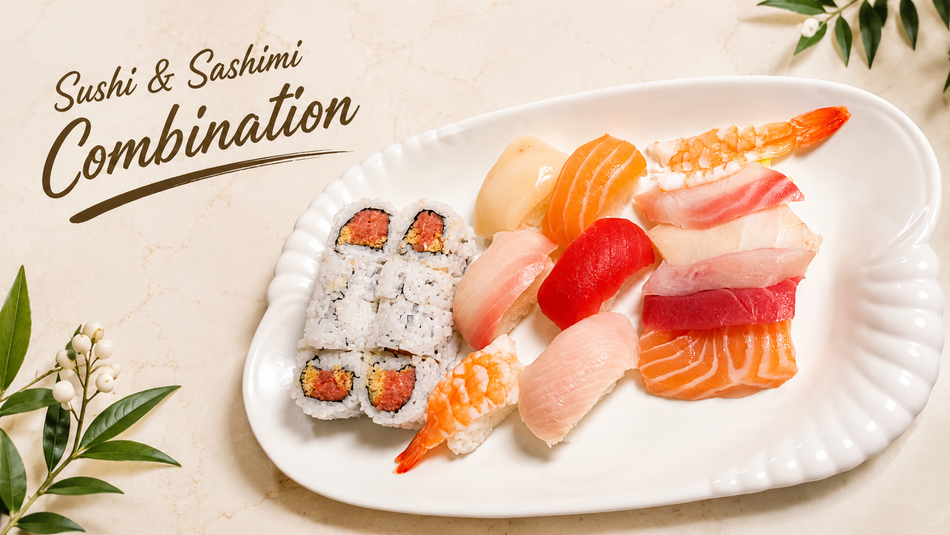 Sushi and sashimi combination on a white plate with salmon, shrimp, and roll pieces on a light background