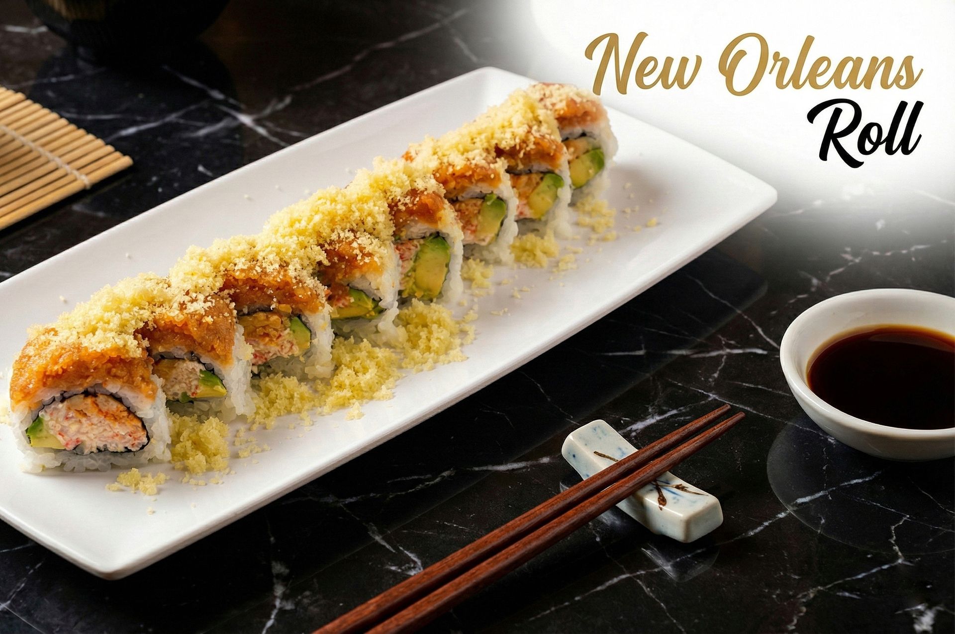 New Orleans roll sushi on a white plate with chopsticks and soy sauce on a dark table