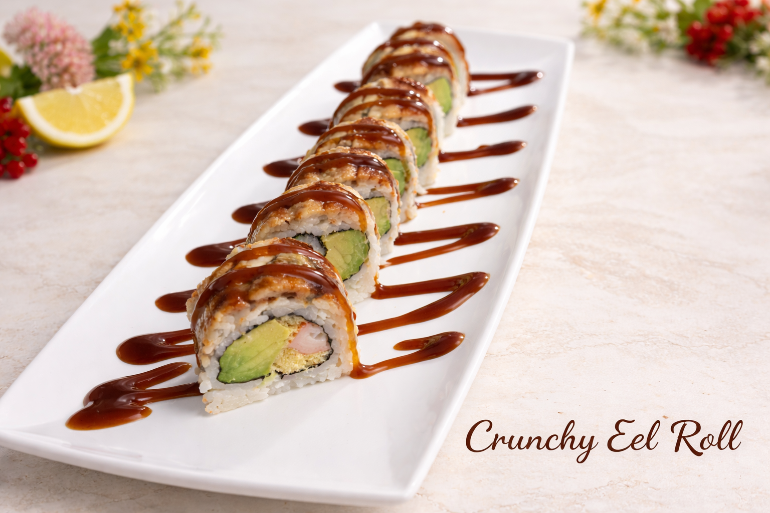 Sliced crunchy eel sushi roll on a white plate with drizzle sauce and flowers in background