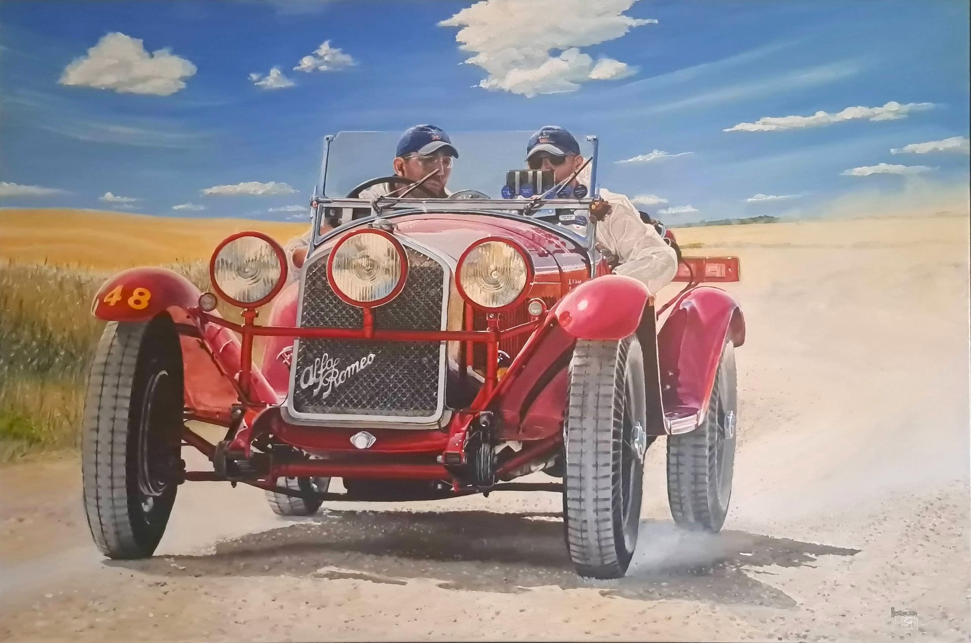 Handgemaakt schilderij van een Alfa Romeo 6c