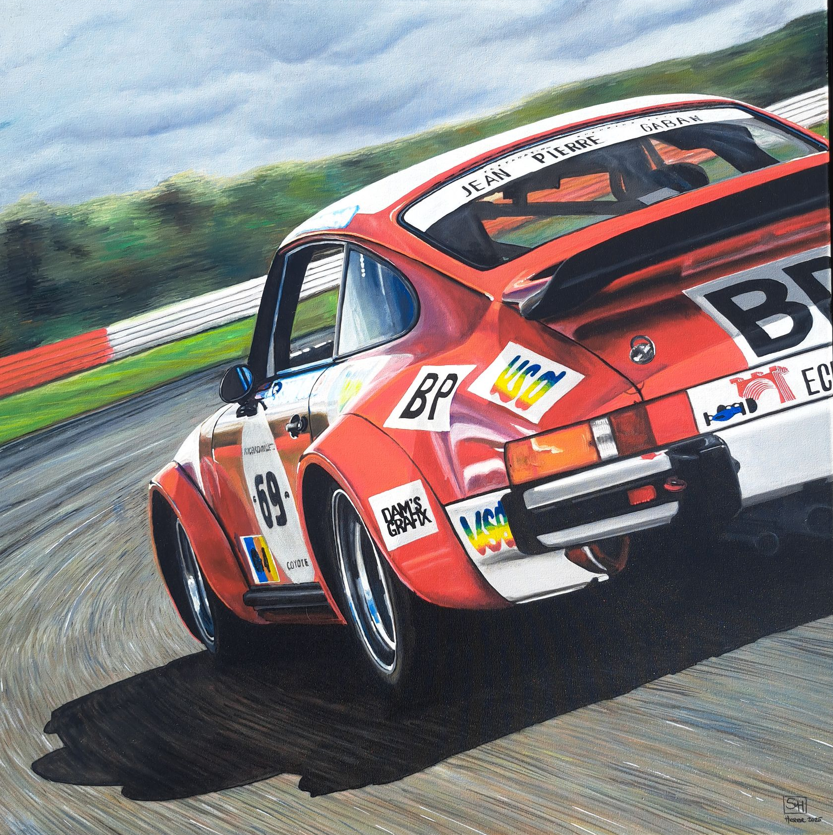 een schilderij van een Porsche 934  op het circuit in acrylverf