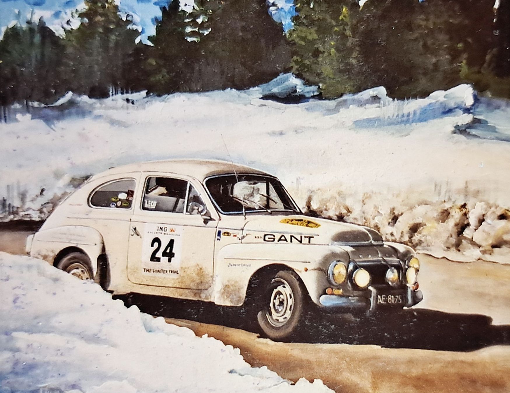 Acrylverf schilderij van een Volvo in de sneeuw