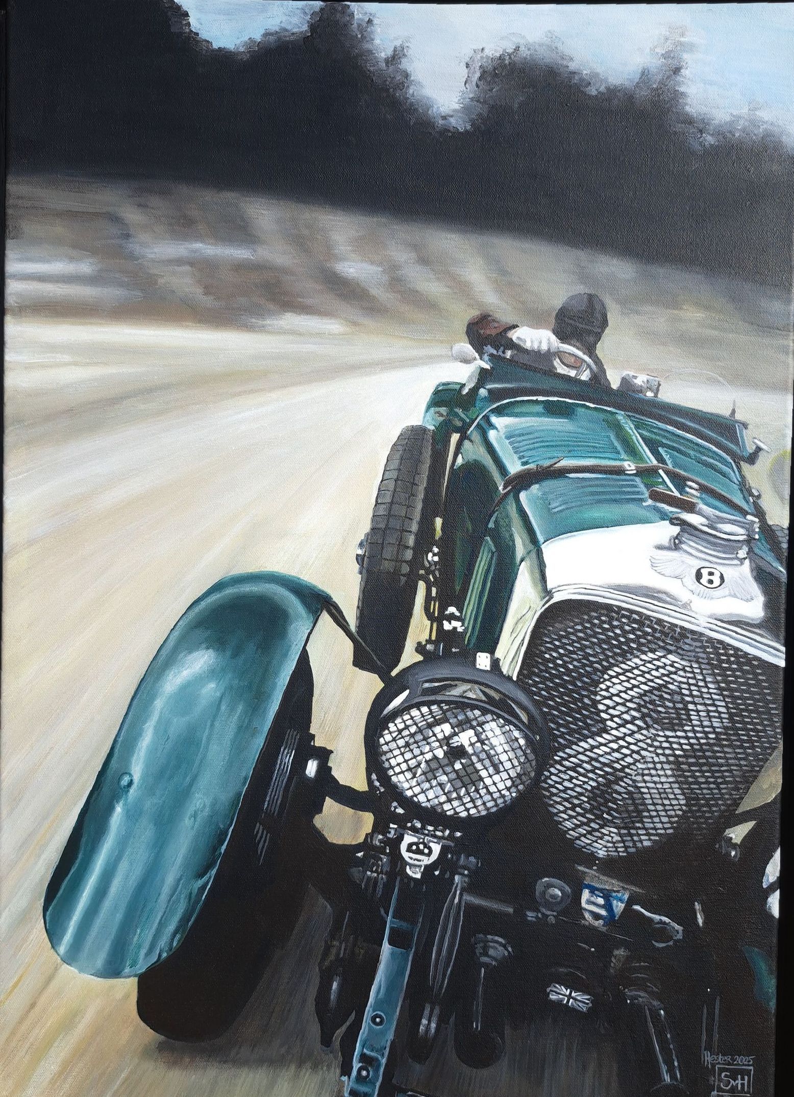 Schilderij van een Bentley op het circuit