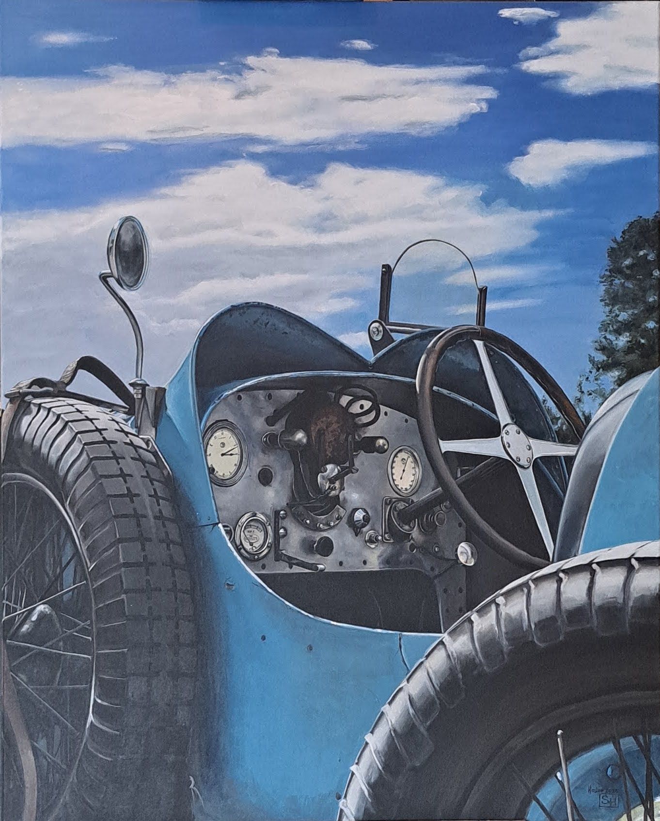 Handgemaakt schilderij van een Bugatti type 35