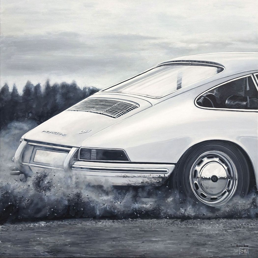 Schilderijen van klassieke auto's en paarden