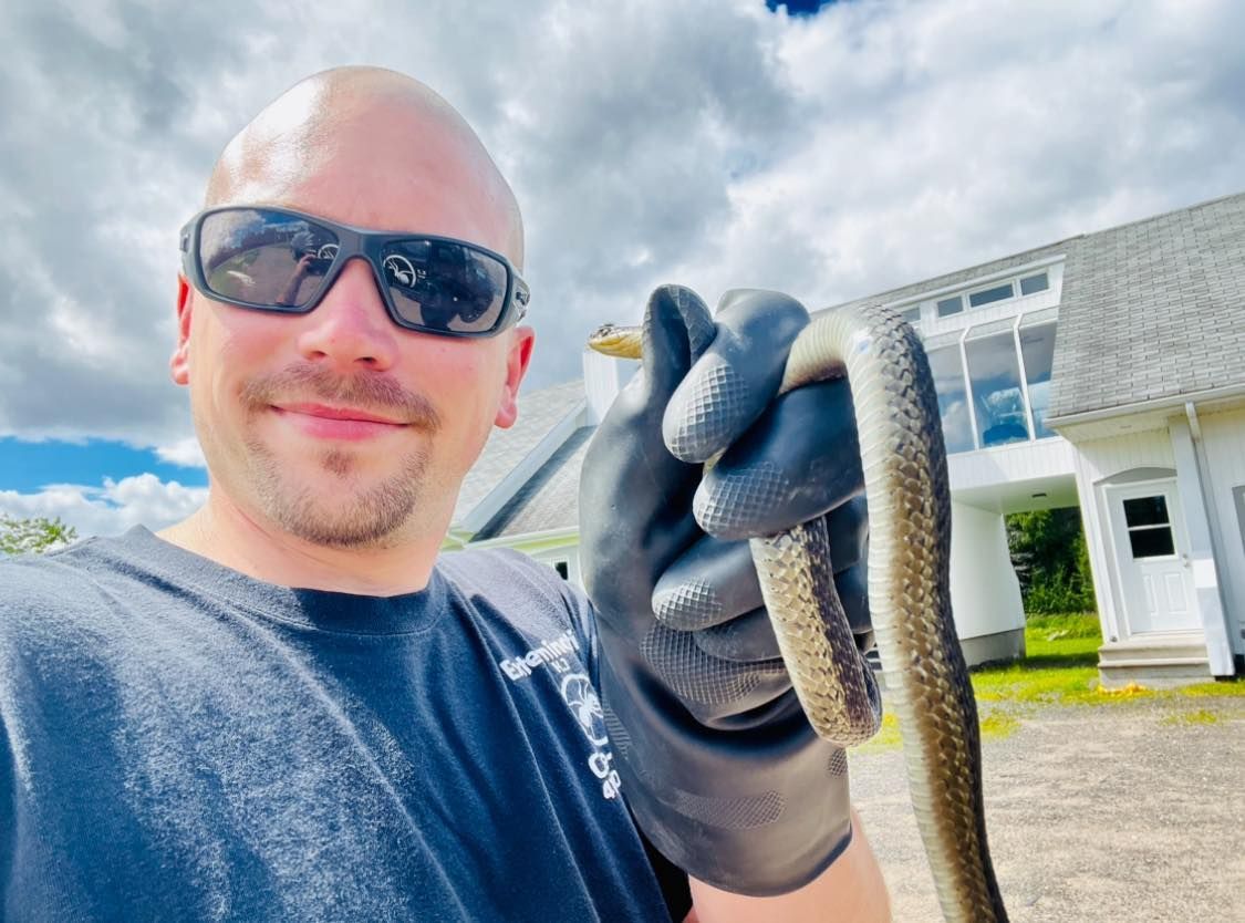 Un homme portant des lunettes de soleil et des gants tient un serpent devant une maison.