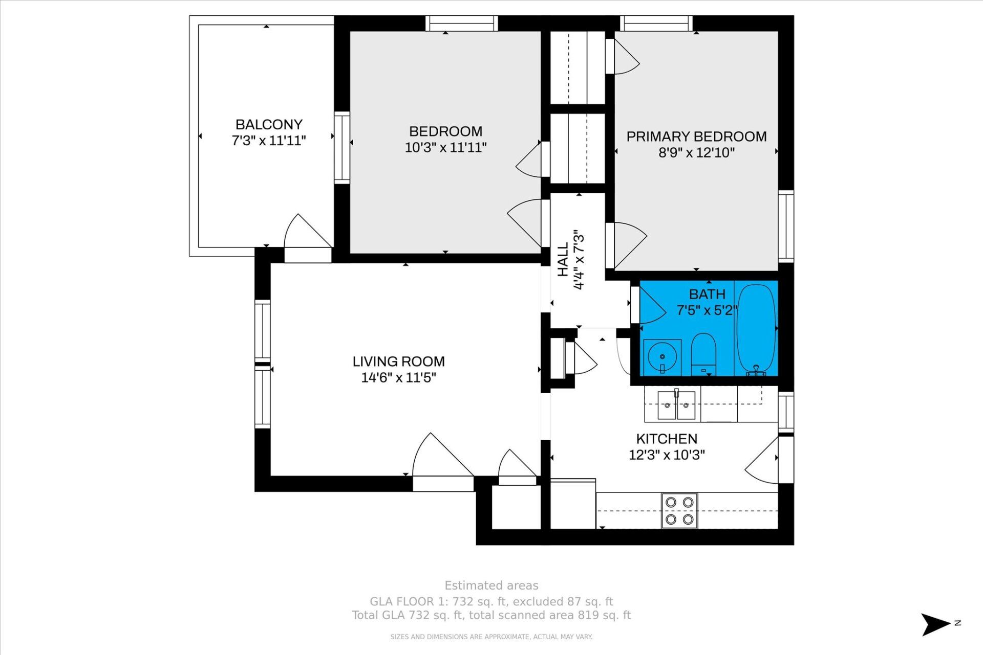 A floor plan of a house with two bedrooms and a balcony.