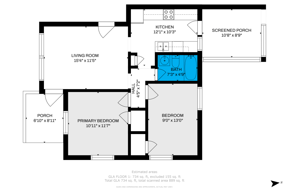 A floor plan of a house with a bathroom and a porch.