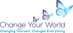 Logo with butterflies in blue tones and text