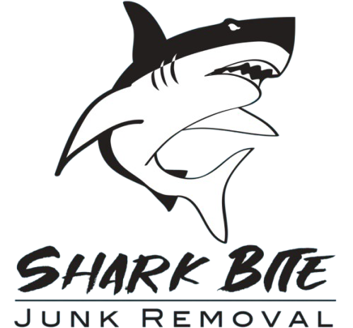 The logo for shark bite junk removal shows a shark with its mouth open.