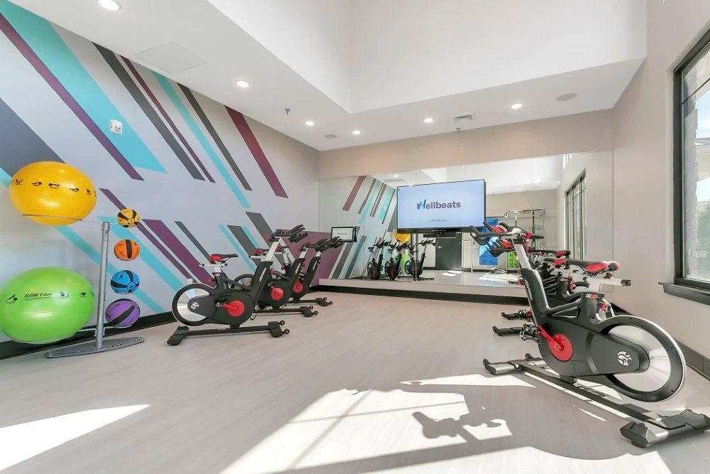 Modern gym with stationary bikes, treadmills, and colorful wall accents in a bright room at Haven on Tucker Apartments in Louisville, KY.