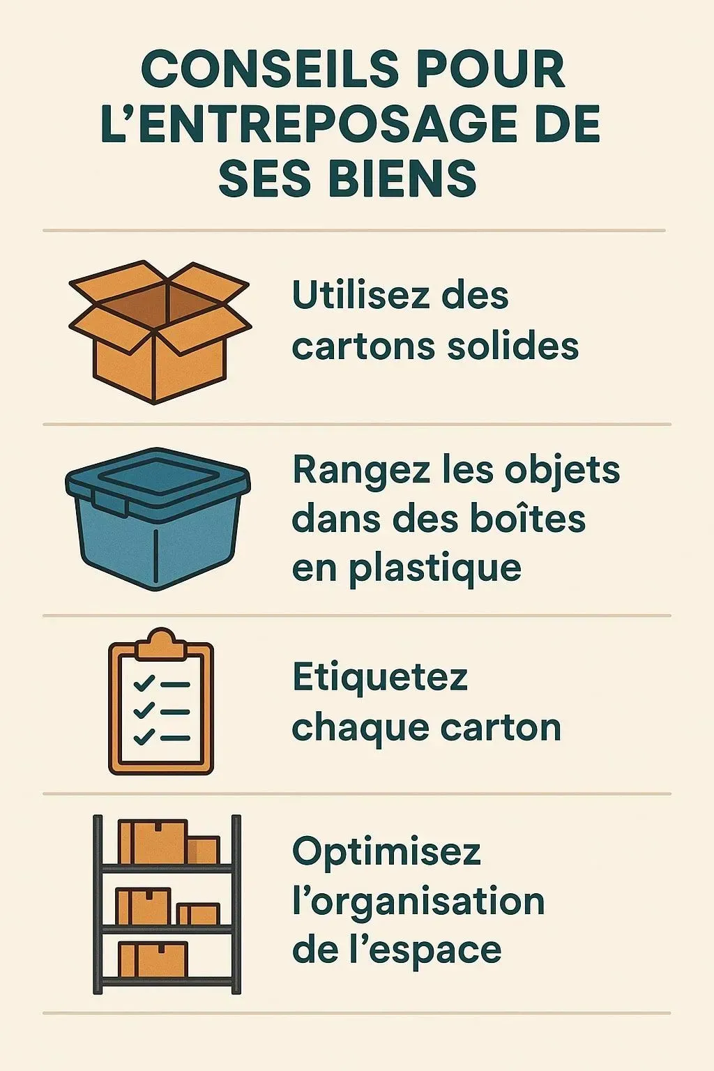 Infographic in French with tips for storing business items using cardboard boxes and plastic bins.