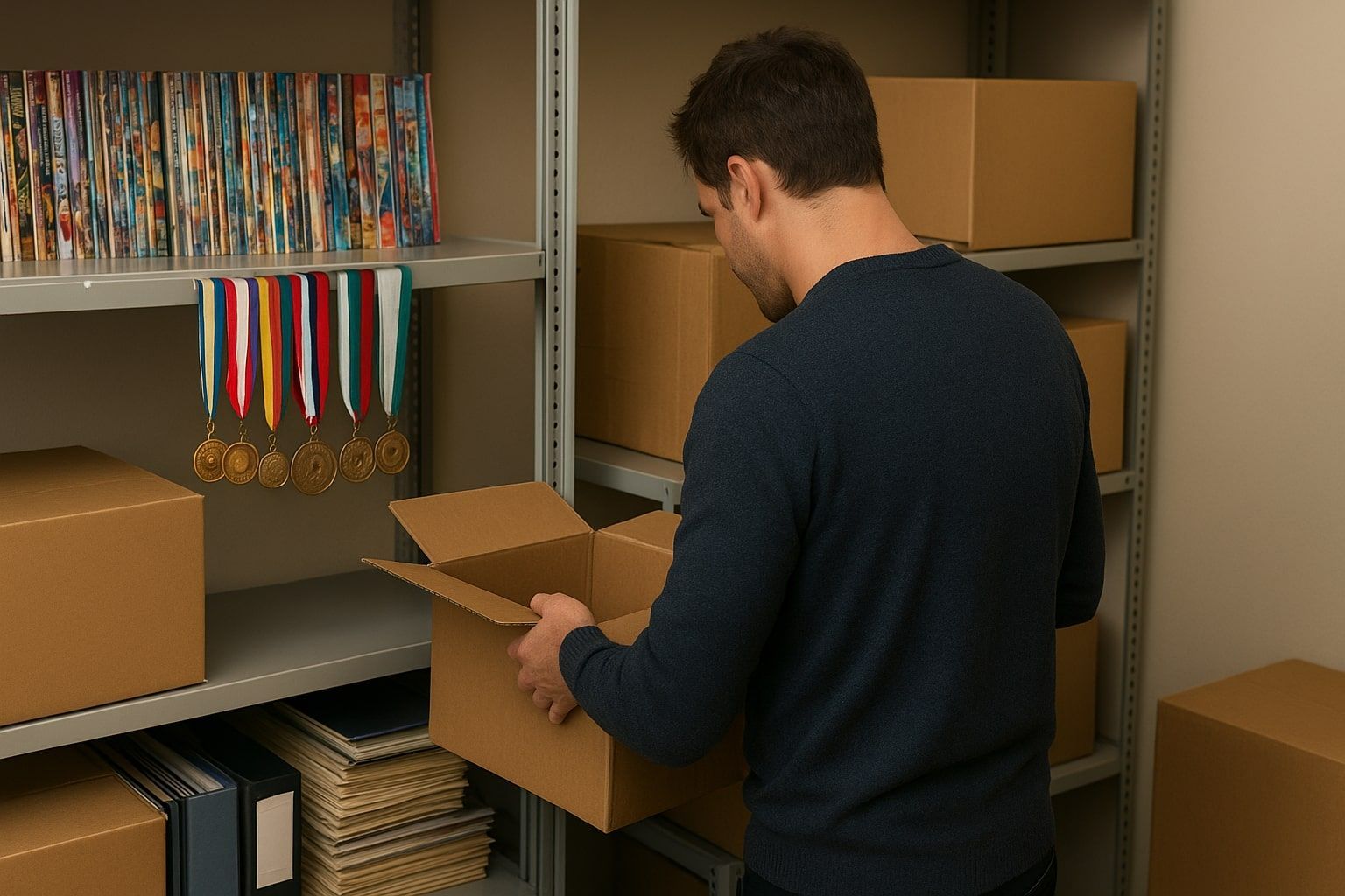 Person packing a cardboard box in a storage room with shelves of books, medals, and stacked boxes