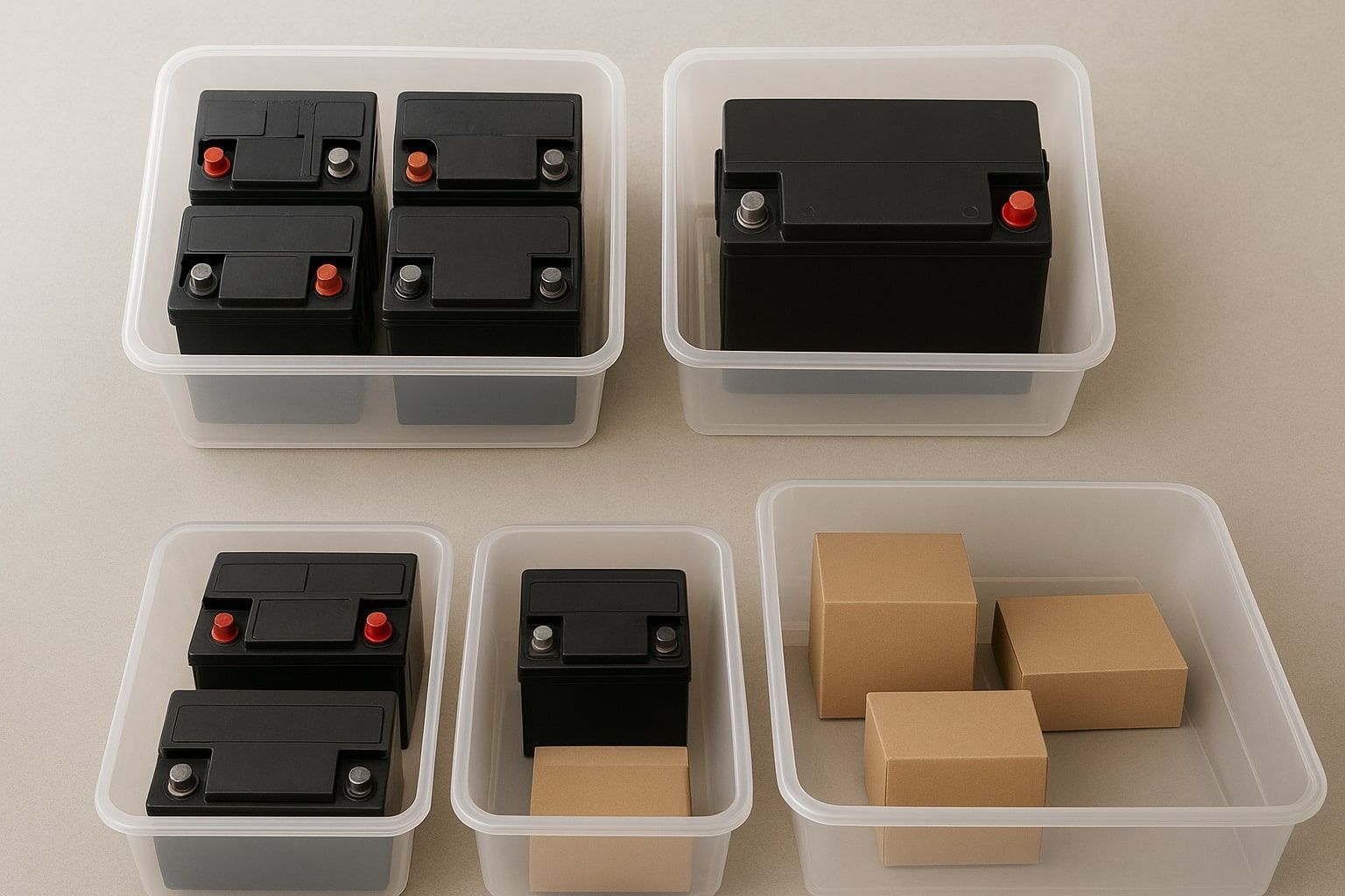 Assorted black and tan battery packs and boxes arranged in clear plastic storage bins on a table