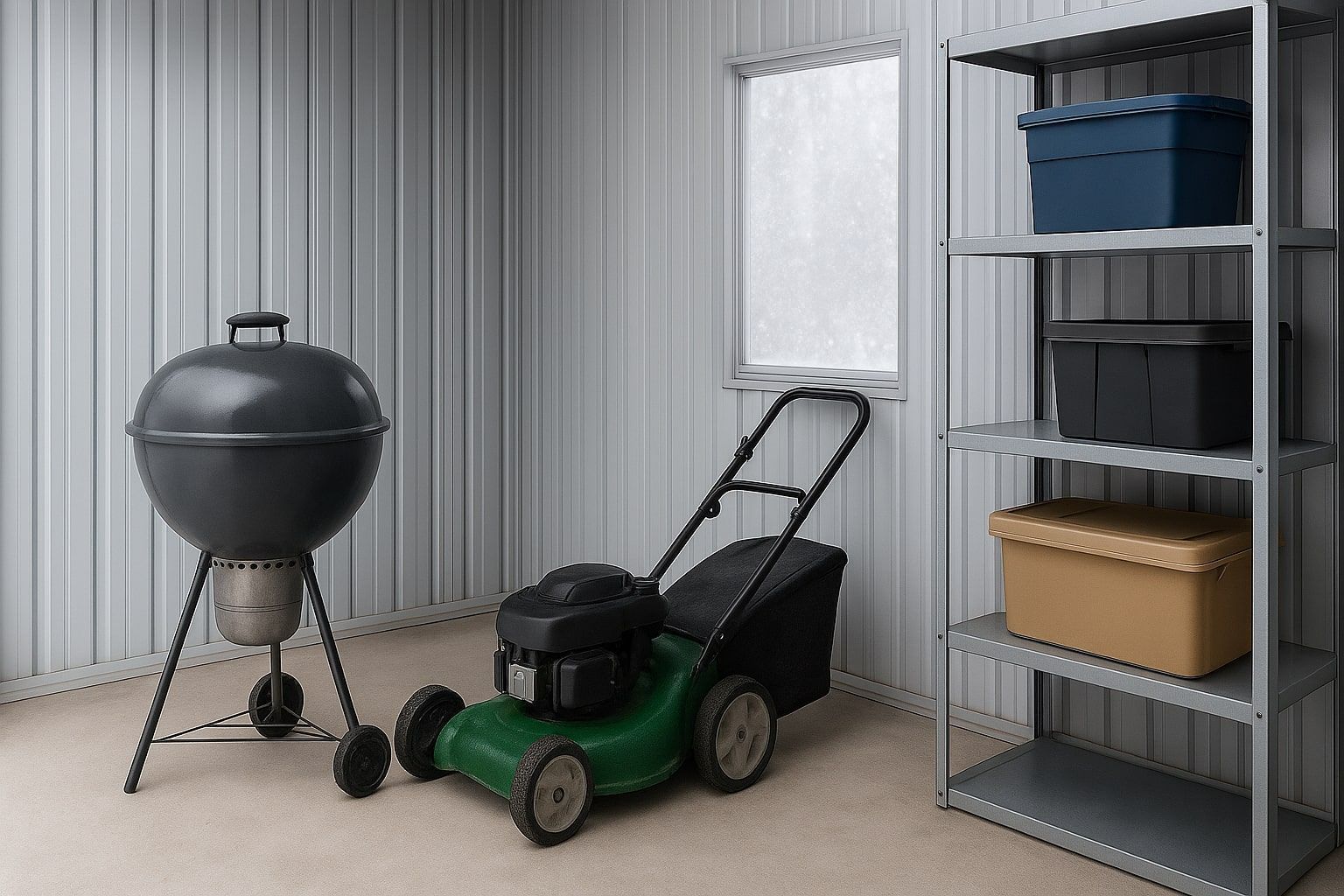 Garage storage with a black charcoal grill, green lawn mower, and metal shelf with bins and a box.