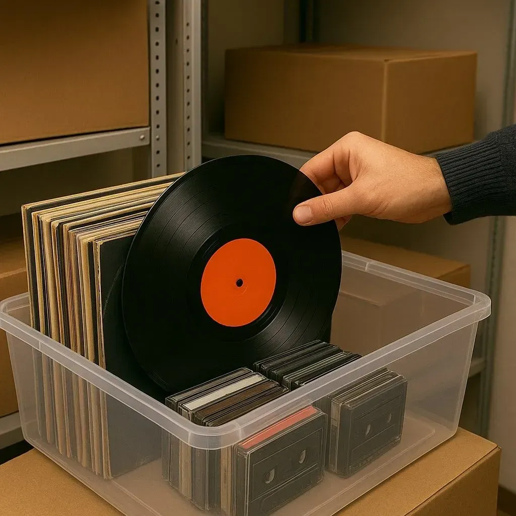Hand placing a vinyl record into a clear storage bin with other records and sleeves on shelves