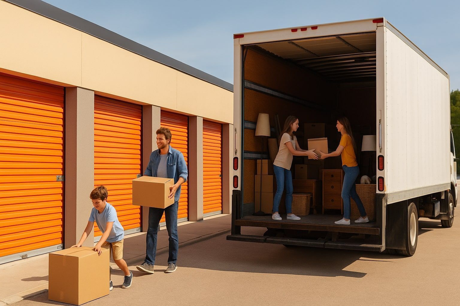 People unloading boxes from a moving truck beside orange storage units