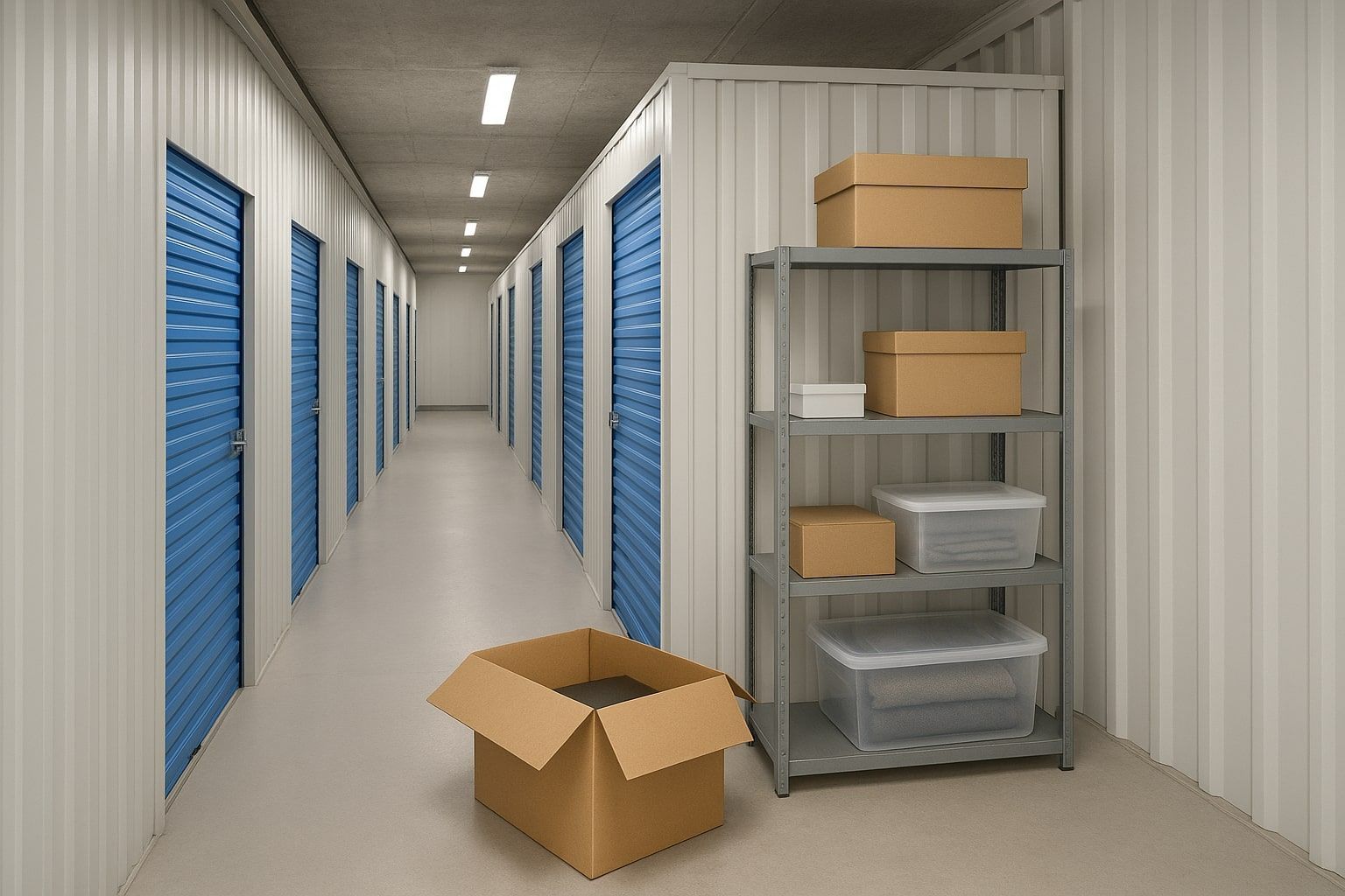 Self-storage hallway with blue doors, metal shelving, and open cardboard boxes