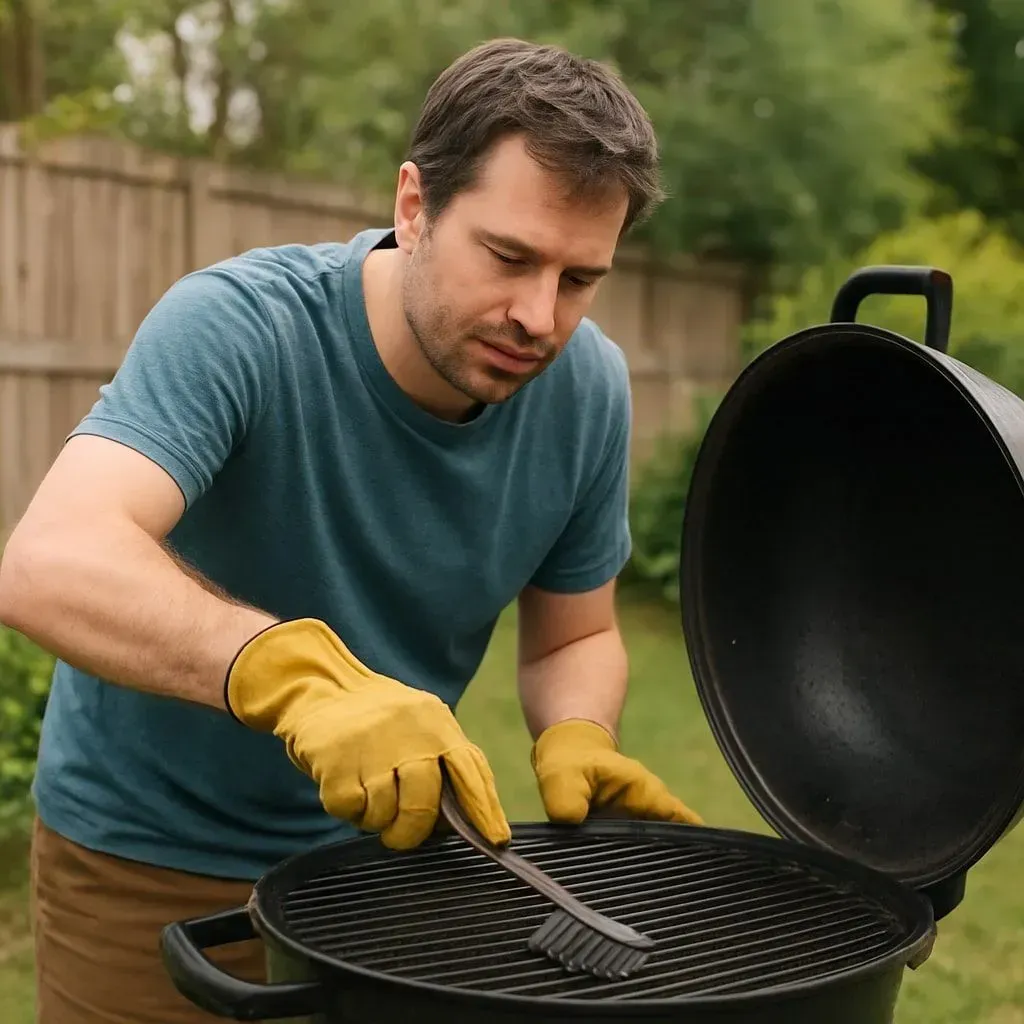 Man wearing yellow gloves cleaning a charcoal grill in a backyard, lid open.