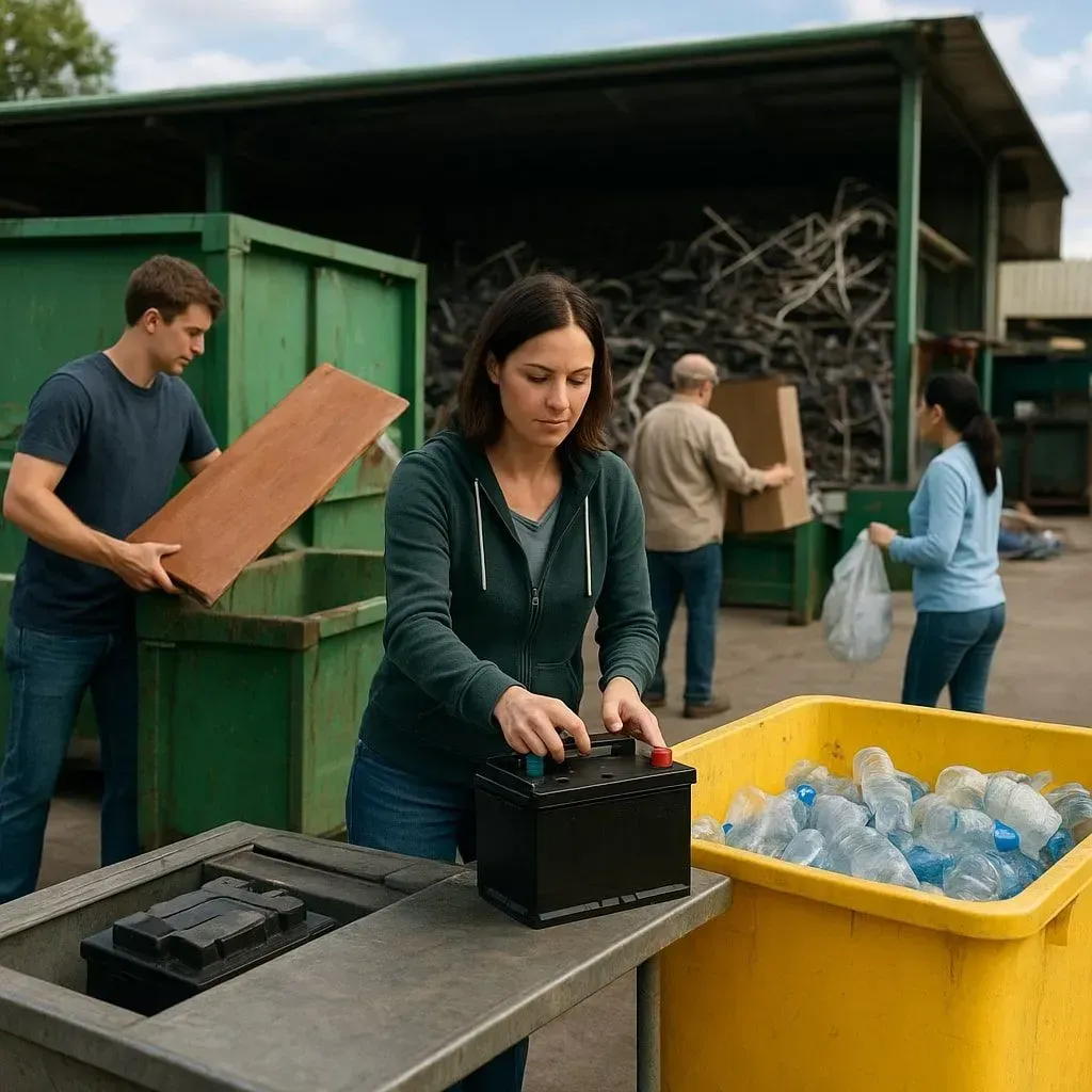 People sorting recyclables at a recycling center, with bins of wood, glass, and electronics.