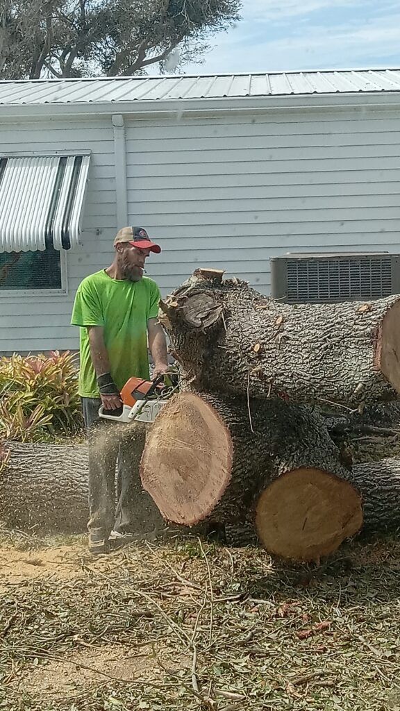 Worker in green shirt and red cap standing beside a large cut tree trunk in a yard.