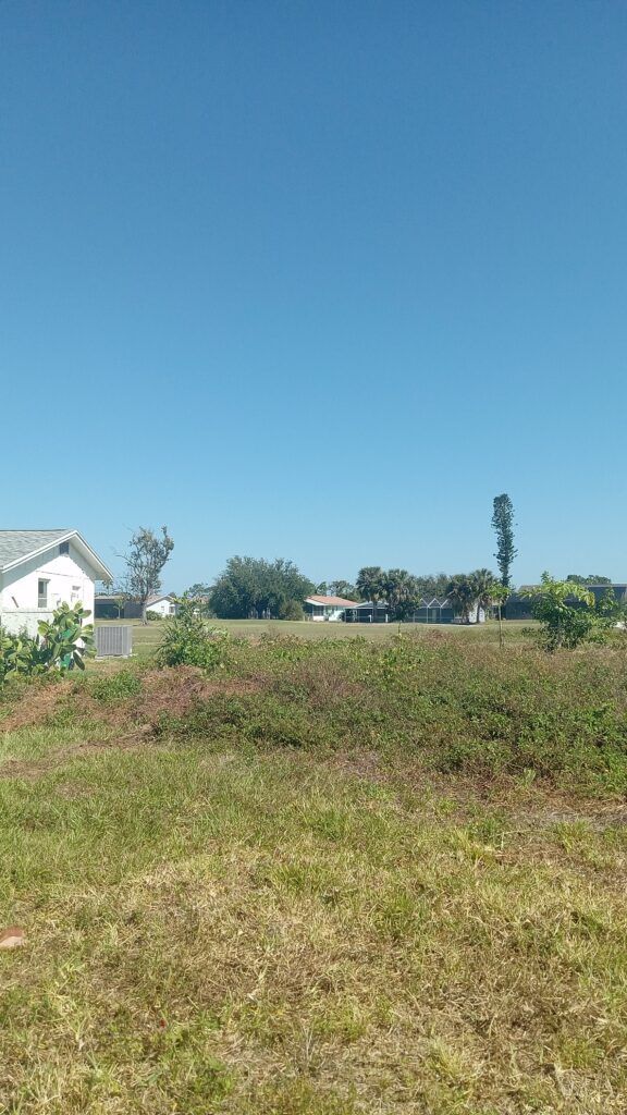 Grassy field with a white house on the left and a clear blue sky above