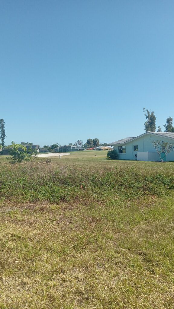 Open grassy field under a clear blue sky beside a small white building