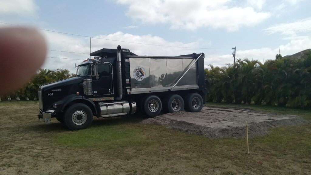 Black dump truck on a gravel mound in a grassy field under cloudy sky