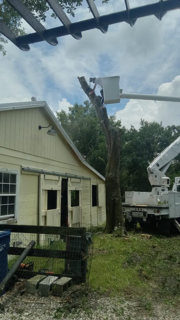 Bucket truck repairing a light-colored house roof in a grassy yard under cloudy skies