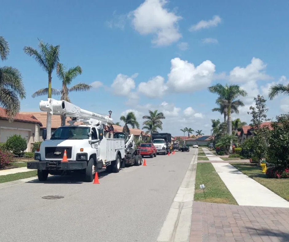 Utility trucks parked along a sunny suburban street with orange cones and palm trees