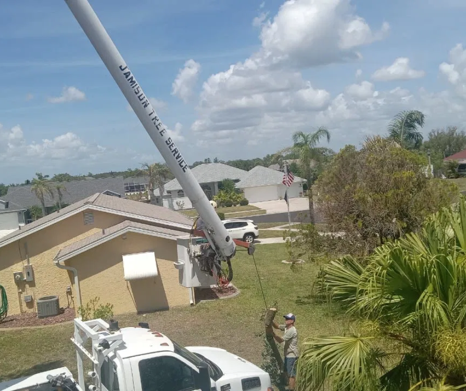 Utility pole being lifted by a crane in a suburban neighborhood, with workers nearby and a truck in the foreground