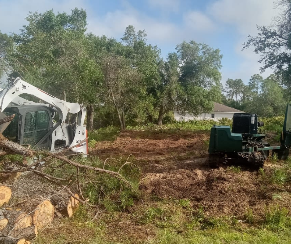 Excavator and bulldozer clearing brush in a wooded, muddy lot under a clear sky.