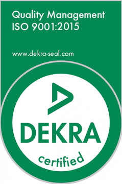 A green and white dekra certified logo on a white background