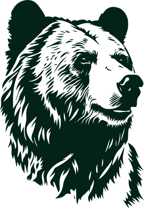 Black-and-white illustration of a bear head facing right, with a stylized fur texture.