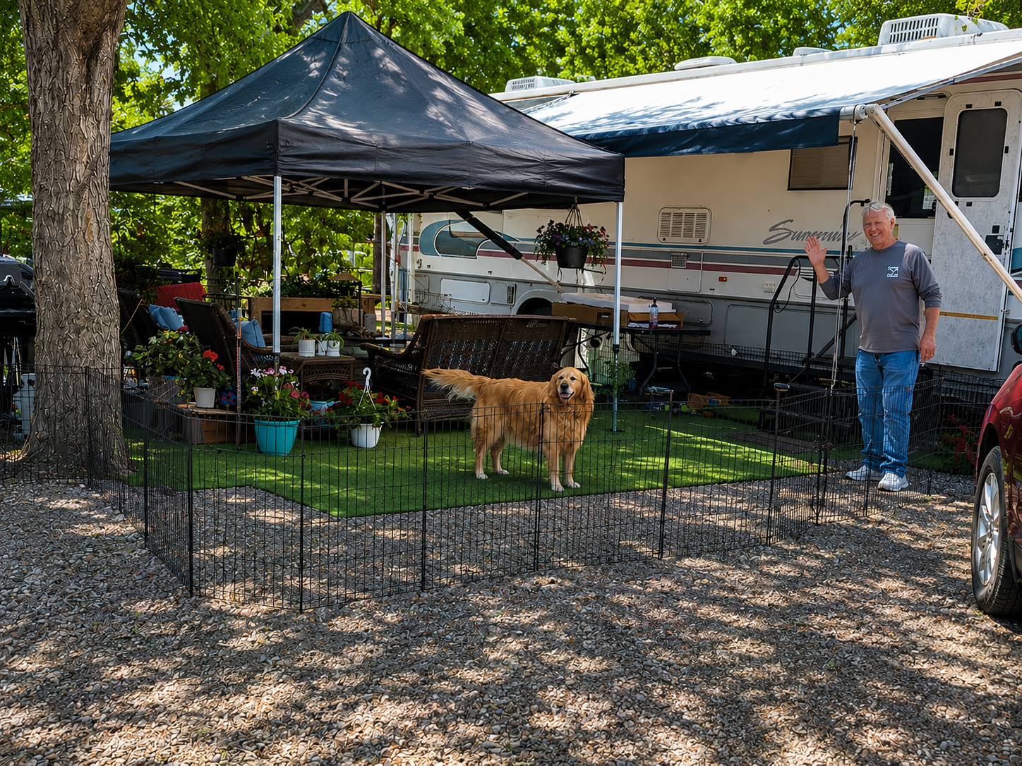 Dog in a fenced yard beside a black canopy tent and RV, with a person standing nearby.