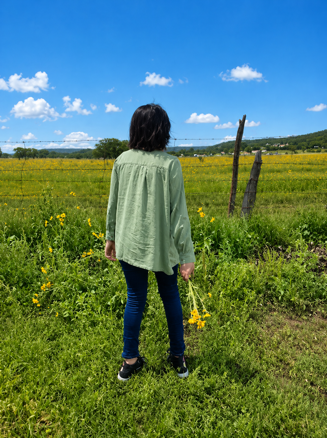 Person standing in a green field under a bright blue sky, facing away from the camera.