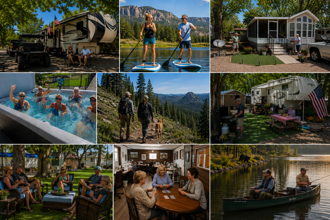 Collage of people enjoying a rustic lakeside lodge, pool, canoe, decks, and mountain views in a forest setting
