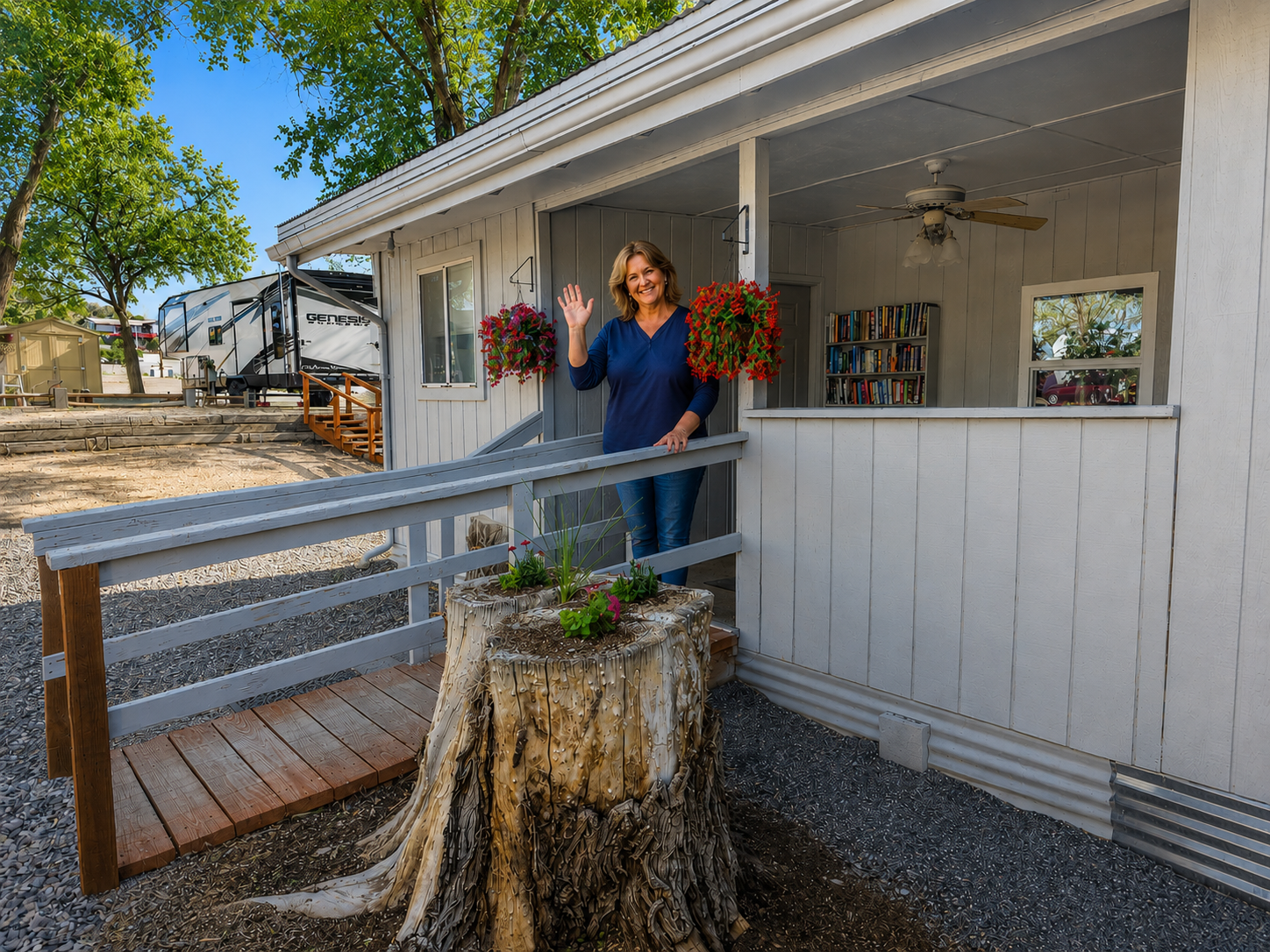 Woman on a porch ramp beside a tree stump, holding flowers, with hanging baskets and a house in the background