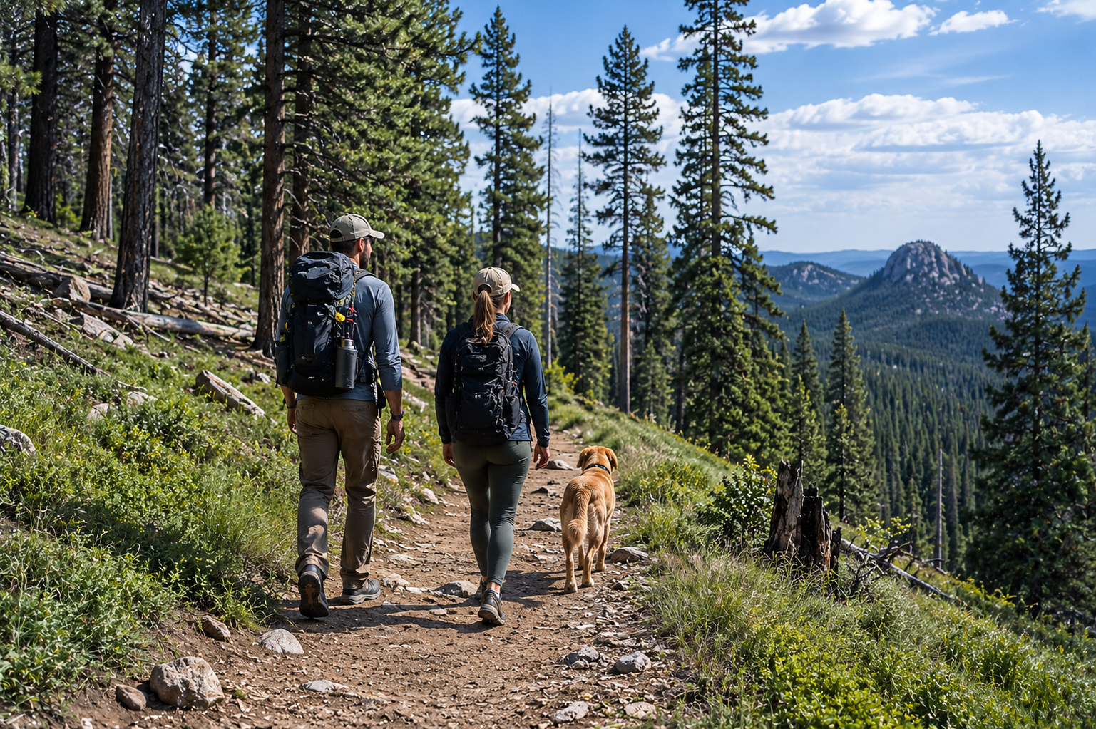 Two hikers and a dog on a forest trail with pine trees and mountain views