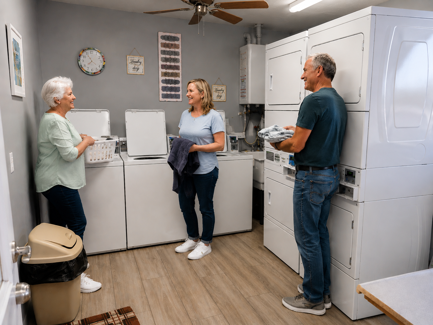 Three people talking in a laundry room with white appliances and gray walls.