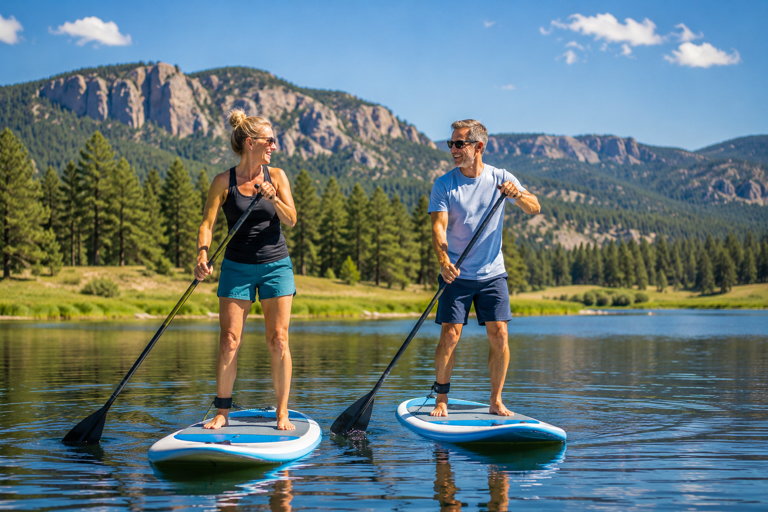 Two people paddleboarding on a calm lake with mountains and pine trees in the background