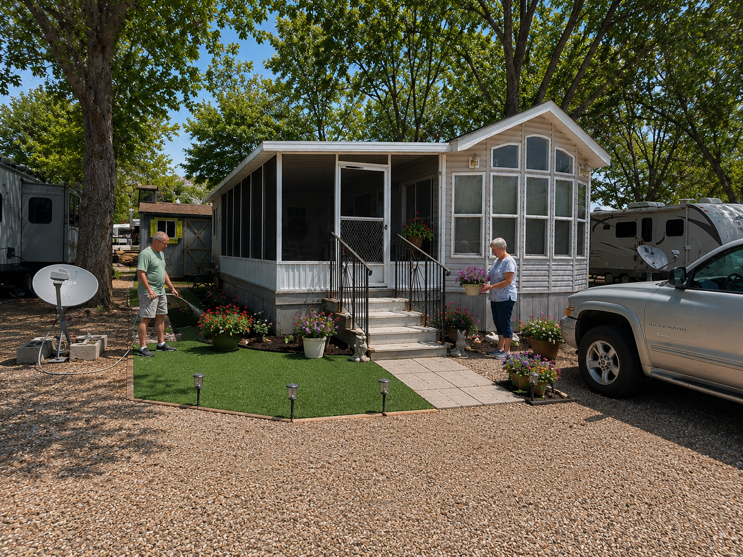 Small cottage with screened porch and gravel driveway, two people standing outside, trees and parked vehicles nearby