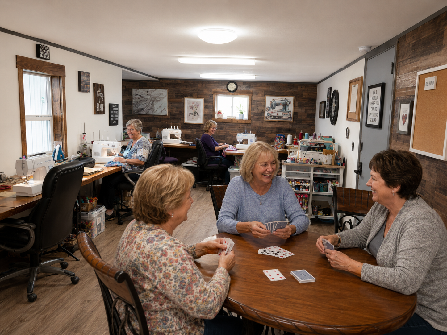 People seated at tables in a cozy community room, playing cards and talking.