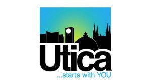 A logo for utica starts with you with a city skyline