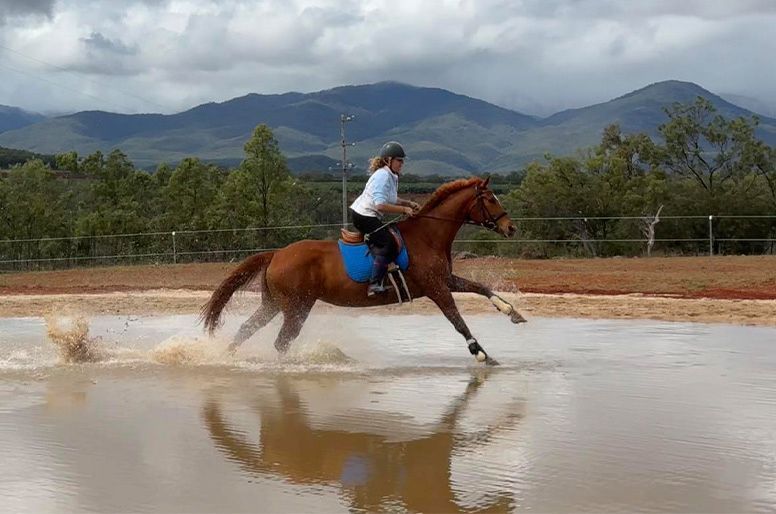 A Woman is Riding a Brown Horse Through a Muddy Pond — Meraki Equestrian Centre in Mareeba, QLD